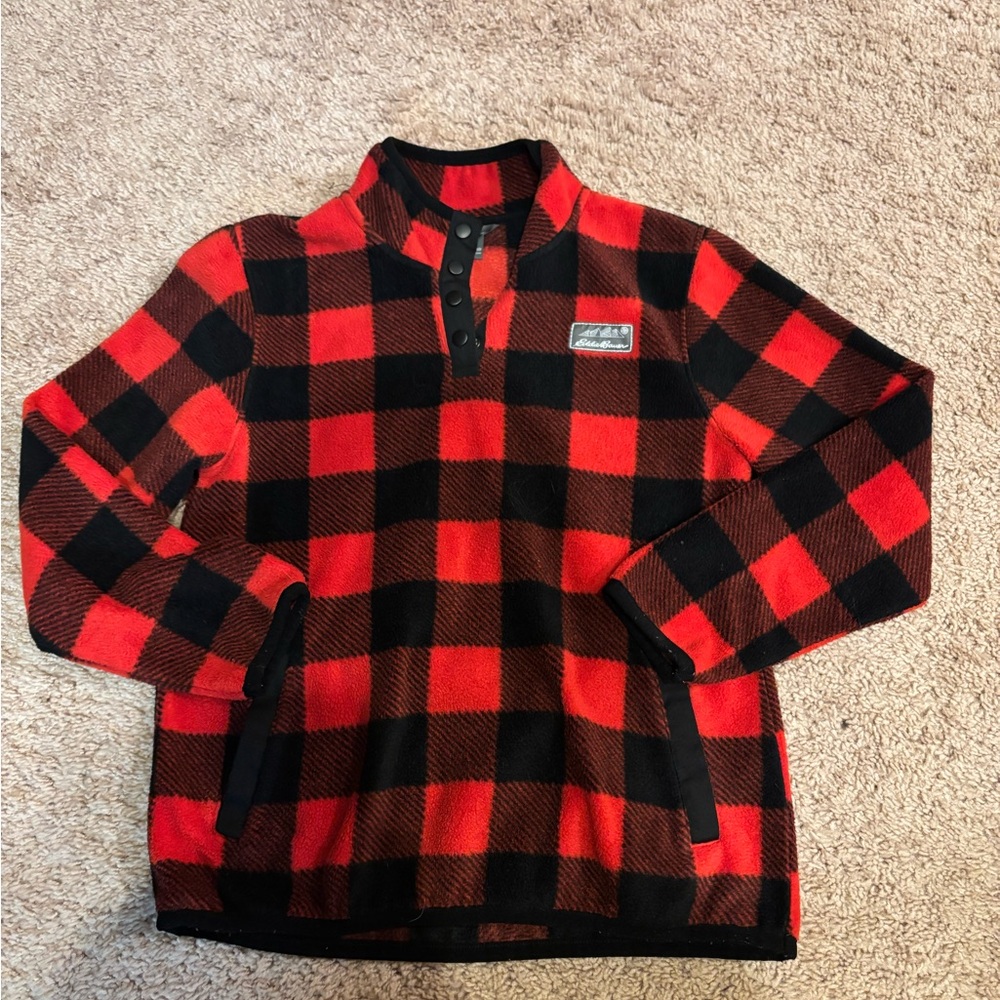 Eddie Bauer Red and Black Plaid Fleece Pullover